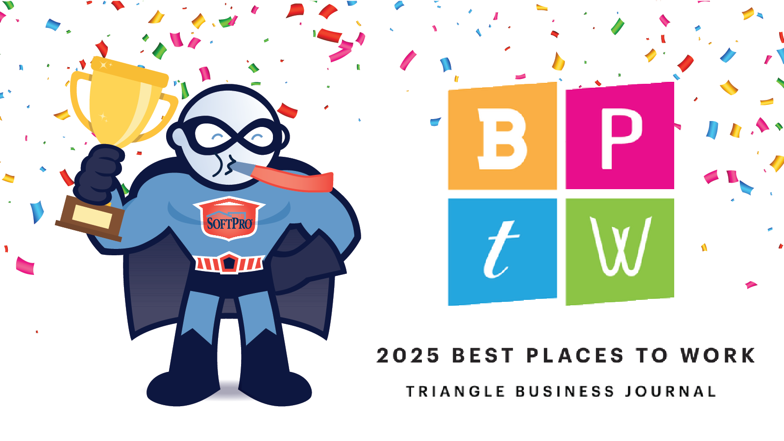 SoftPro Man Celebrating with confetti & party horn next to TBJ 2025 Best Places To Work Logo