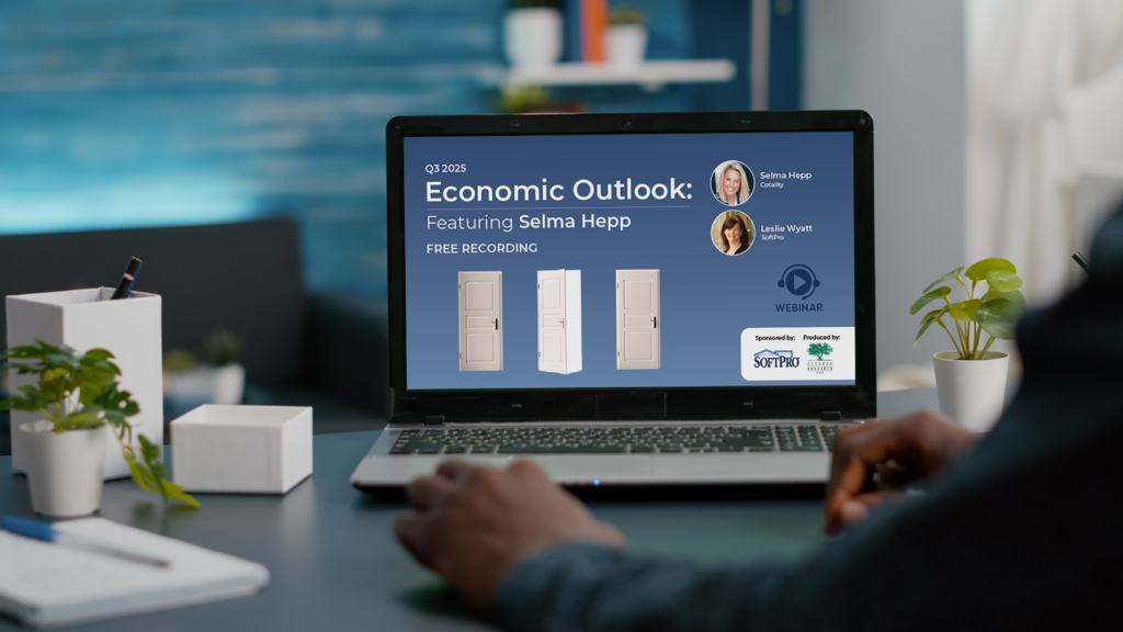 Laptop on desk displaying "Economic Outlook Featuring Selma Hepp" graphic